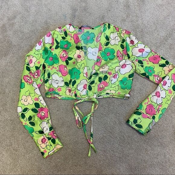 ZARA fluorescent lime floral wrap satin effect crop top Sz S NWT - Picture 5 of 10